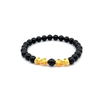 18K Gold Dragon Pixiu Double Piyao Charm Bracelet Gemstones Black Tourmaline 6mm - Image 1 of 4