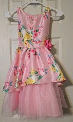 Wonder Nation Pink Girls Printed Foil Floral Shantung Dress 12 M Medium Frills - Image 1 of 4