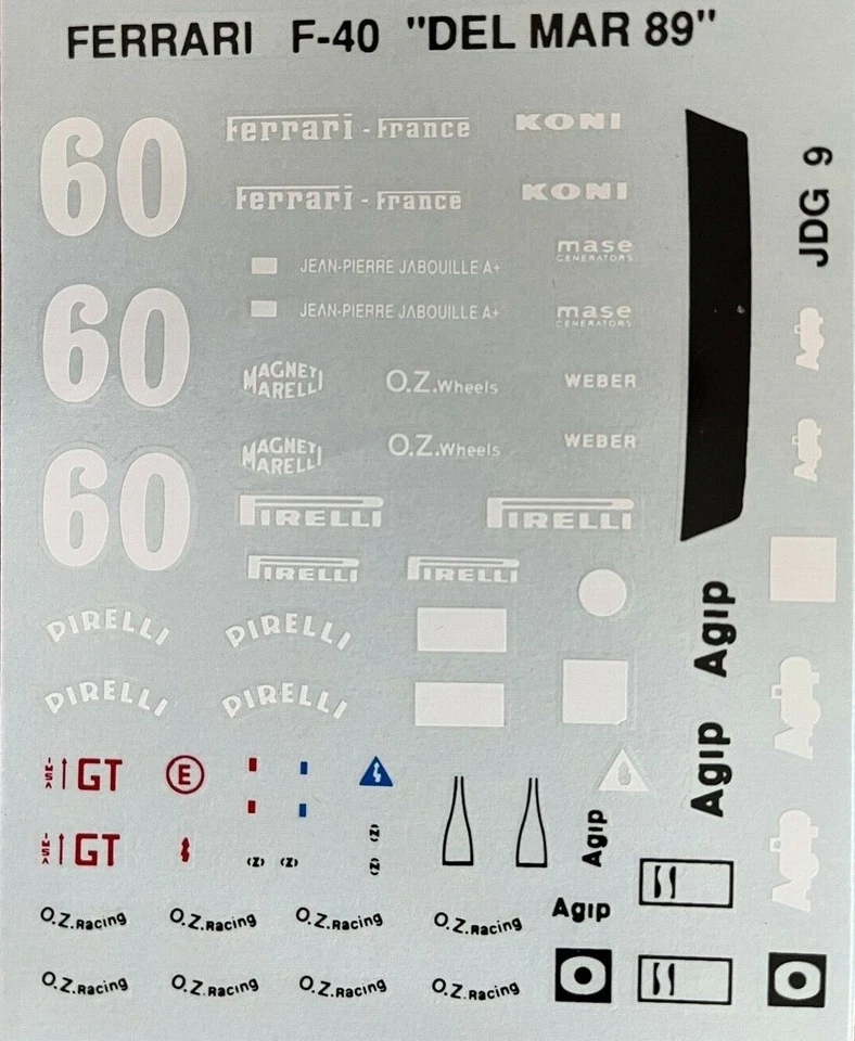 DECAL 1/25 SCALE WATER SLIDE SILK SCREEN PRINTED FERRARI F40 IMSA DEL MAR 1989 - Image 1 of 1