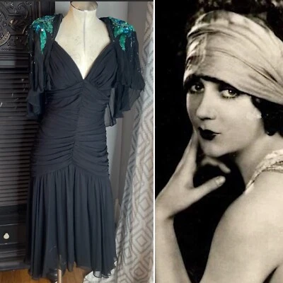 Vestido de Colección Años 80 Casadei Negro Acanalado Turquesa Lentejuelas Gatsby Deco Aleta Capa 12 Foto 1 de 4