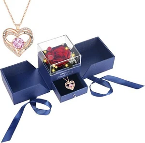 I Love You Forever Double Heart Necklace with Red Real Rose Flowers Gifts Women - Picture 1 of 3