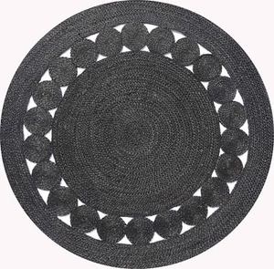 Odisha Flower Natural Jute Black Round Floor Rug (M) 140x140cm **FREE DELIVERY** - Picture 1 of 4