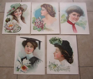Set of 5 Old Vintage 1906 - Antique VICTORIAN PRINTS - FLOWER LADIES - Picture 1 of 1