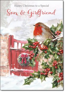 Son & Girlfriend Christmas Card Robin on Holly Tree