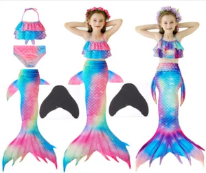 Mermaid Tail With Monofin Swimming Bikini Sets Swimmable Costume For Kids Girls - Picture 1 of 16