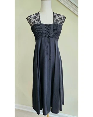 Vintage 1970s Jody T Of California Black Lace Midi Dress Ruched Lace Up Goth XS  - Image 1 of 4