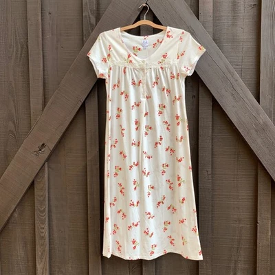 Aria Nightgown Womens Small White Red Floral Lace Trim Button Front Sleepwear - Image 1 of 4