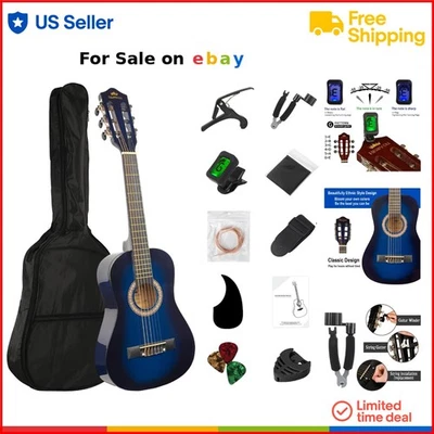 Acoustic Guitar Basswood Beginner Kit 30in Tuner Bag Capo Strings Kids - Image 1 of 4