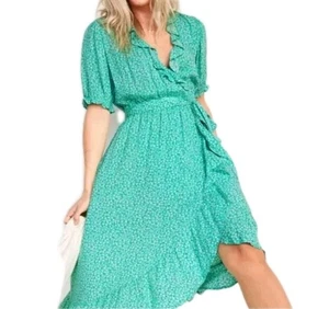 Old Navy Womens Tiered Ruffle Wrap Midi Dress Sz Large Green Floral Cottagecore - Picture 1 of 7