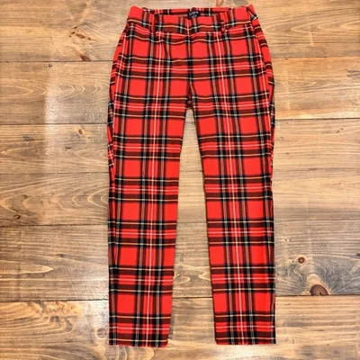 Pantalones J.CREW Winnie Talla 2 Rojo Tartán Cuadros Cremallera Lateral Tobillo Corto Algodón Elástico Foto 1 de 4