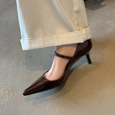 Women Real Leather Pointed Toe High Stiletto Heel Pump Mary Jane Shoes Buckle OL - Image 1 of 4