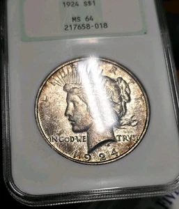 1924 $1 Peace Dollar NGC MS64 Fatty Green Label Old Holder Toned Great Luster - Picture 1 of 9