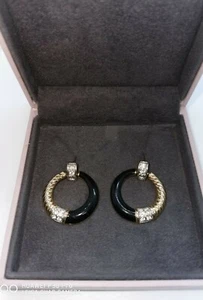 Womens Lovely Black Enemal And Crystal Gold Plated Earrings - Picture 1 of 5