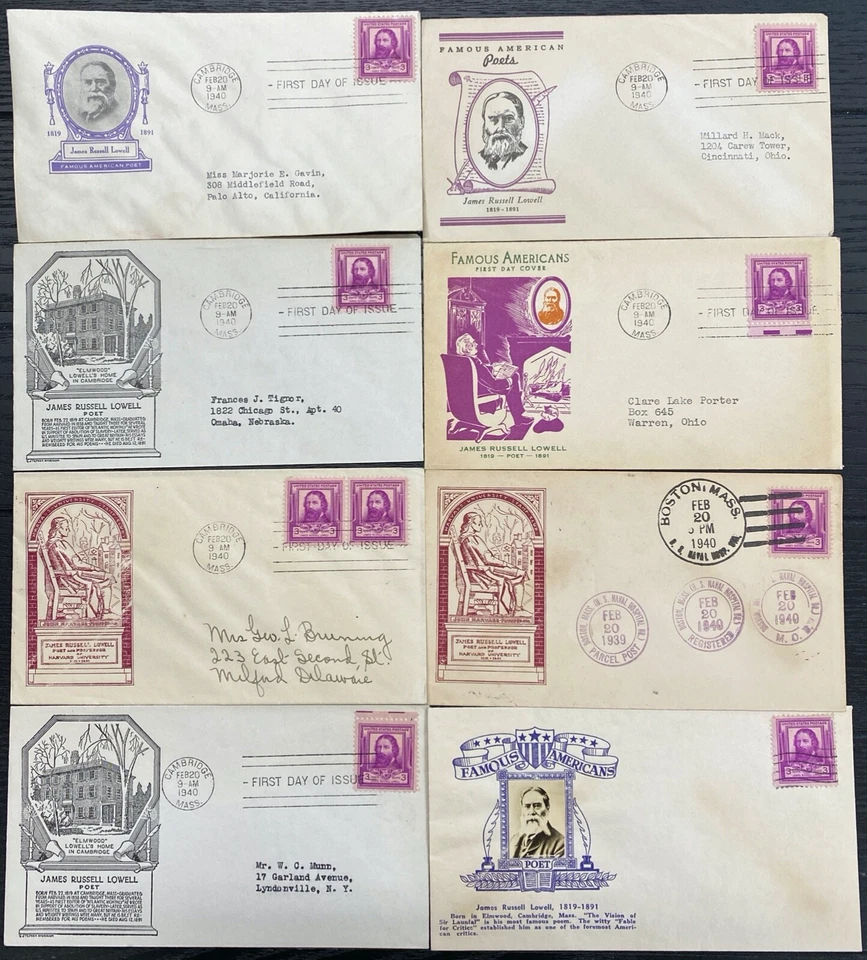 #866 James Russell Lowell Famous American lot of 8 Mixed cachet First Day covers - Image 1 of 1