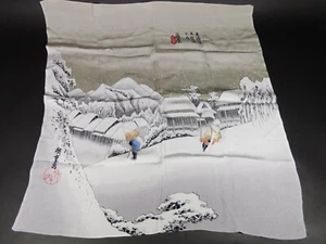 Vintage Japanese Crepe Scarf w Winter Mountain Landscape & Figures 25" x 26" - Picture 1 of 9