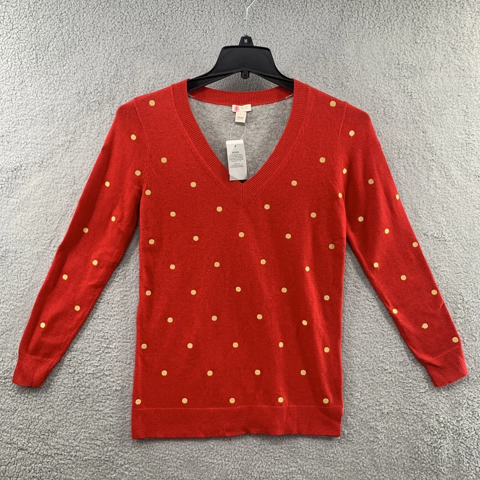 J. Crew Women Petite Gold Polka Dot Red Gray Back V-Neck Pullover Sweater Size S - Image 1 of 4