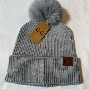 C.C Kids Gray Warm Cozy Rib-Knit Cuffed Winter Beanie Hat with Faux Fur Pompom - Picture 1 of 5