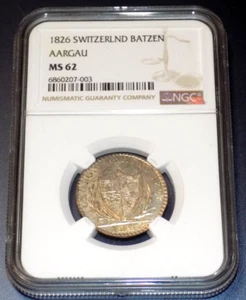 SWITZERLAND 1826 Batzen Billon NGC MS62 KM-21 Swiss Cantons Aargau UNC COIN - Picture 1 of 4