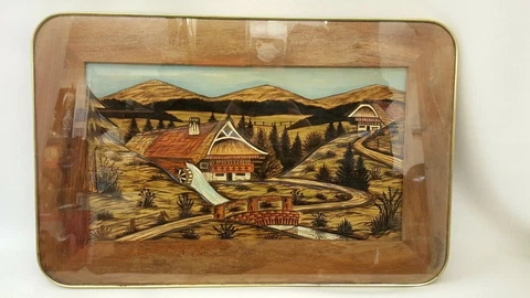 MID CENTURY MODERN CARVED WOOD SCENIC TABLE GLASS TOP NO LEGS 26X17X3 VTG Cover