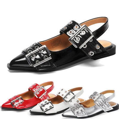 Women Ballet Flats Pointed Toe Buckle Flat Shoes Slingback Strap Low Heel Flats - Image 1 of 4
