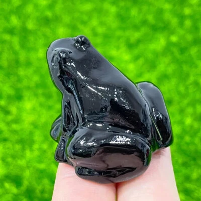 Natural Obsidian Quartz Crystal Gem Carved Frog Sculpture Mini Lucky Charm Decor - Image 1 of 4