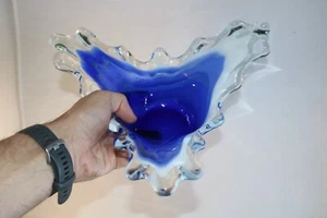 Murano Style Art Glass Bowl 2 Tone Blue w White Swirl Patterns 5" H X 11" W - Picture 1 of 7