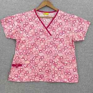 WonderWink Scrub Top Womens Large Pink Breast Cancer Ribbons Healthcare Uniform