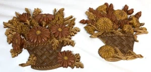 2 VINTAGE 1977 BURWOOD WALL PLAQUES FLOWERS IN BASKET MUMS #2066 FALL COLORS - Picture 1 of 5