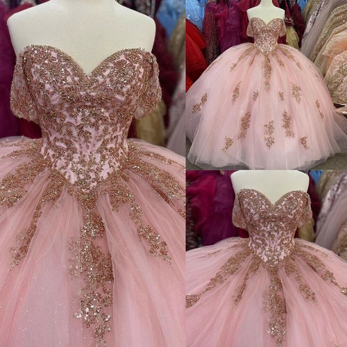 VALENTINO Abito da ballo rosa Quinceanera spalle scoperte oro applique dolce 15 ballo