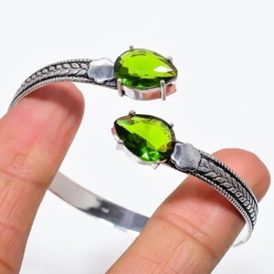 Green Peridot Gemstone 925 Sterling Silver Jewelry Cuff Bracelet Adjustable - Picture 1 of 1