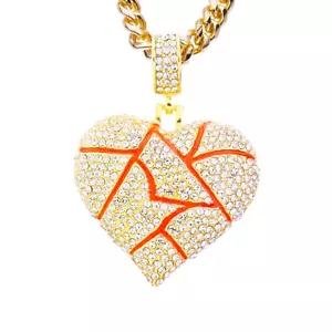 Collar Cadena Cubana Chapado en Oro Plata Corazón Roto Colgante 24" CPB 3816 Rojo - Imagen 1 de 6