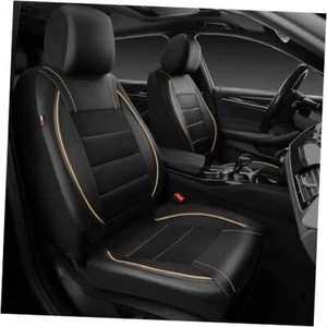 Universal FIT Piping Leather Two Front Seat Covers, Waterproof Black Beige - Picture 1 of 7