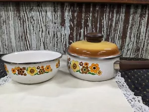 Vintage 70s Crowning Touch Harvest Blossom Cookware Pan w Lid And Mixing Bowl - Picture 1 of 11