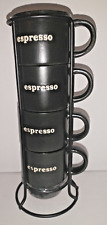 Signature Housewares Stoneware Embossed Espresso Cups with Metal Wire Tower Rack