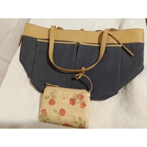 Ann Taylor Denim Beuteltasche Tasche mit hellbraunem Lederbesatz und floral geflochtener Geldbörse - Bild 1 von 5