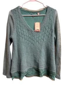 Anthropologie Alpaca Wool Blend Pointelle Knit Sweater M NWT $98 Green Layered - Picture 1 of 7