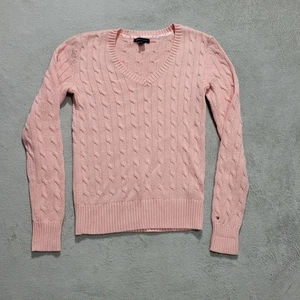 Tommy Hilfiger Mujer Cuello en V Largo Cable Tejido Suéter Rosa Talla S/P - Imagen 1 de 9