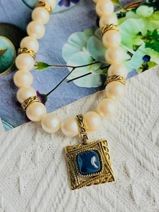 Givenchy Vintage Baroque Sapphire Square Pendant Large White Pearls, Necklace - Picture 1 of 15