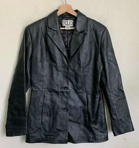 CLIO Leather Jacket Black Leather Collared Buttons Pockets Lined Size 10 - Picture 1 of 10