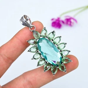 Green Amethyst, Aquamarine Gemstone 925 Sterling Silver Handmade Pendant Jewelry - Picture 1 of 5