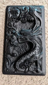 CHINESE CARVED INKSTONE DRAGON SERPENT MOTIF LID NO BOX - Picture 1 of 4