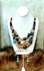 CHICO'S 1️⃣ of a KIND Necklace + Earrings Wood, Turquoise, Pearl, Acrylic    Jy1 - Picture 1 of 13