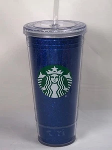 Bicchiere in plastica Starbucks blu glitter Bling Holiday 2018 cannuccia 20 oz - Foto 1 di 4