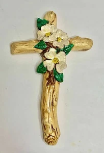 Antique And Dry Brushed Ceramic Dogwood Flowers And Leaves Cross 11.25” Height - Picture 1 of 14