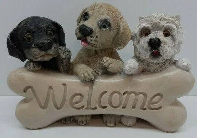 Welcome Sign Statue Indoor Outdoor Yard Garden Statue Puppies Dogs with Bone - image 1 of 4