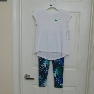 NWT 2pc Nike White Swoosh Logo High Low Top & Print Leggings Set sz 6 or 6X - Picture 1 of 2