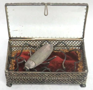 ANTIQUE STERLING SILVER COCKROACH & ELEPHANT HAIR INSIDE RETICULATED SILVER BOX - Picture 1 of 4