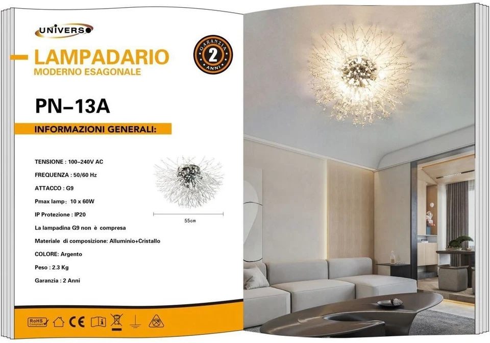 z Lampadario Moderno Esagonale UNIVERSO PN-13A Argento 10xG9 Max 600W Cristallo - Immagine 1 di 1