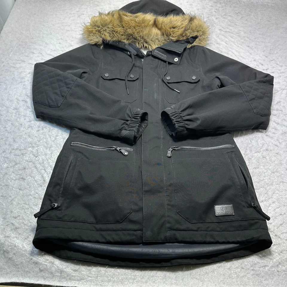 Volcom Parka Jacket Black Shadow Insulated Fur Hood Womens Size Medium M Long - Image 1 of 4