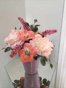 Artificial Floral ARRANGEMENT Flower Pink Decor Purple Vase 12 Inches tall - Picture 1 of 3
